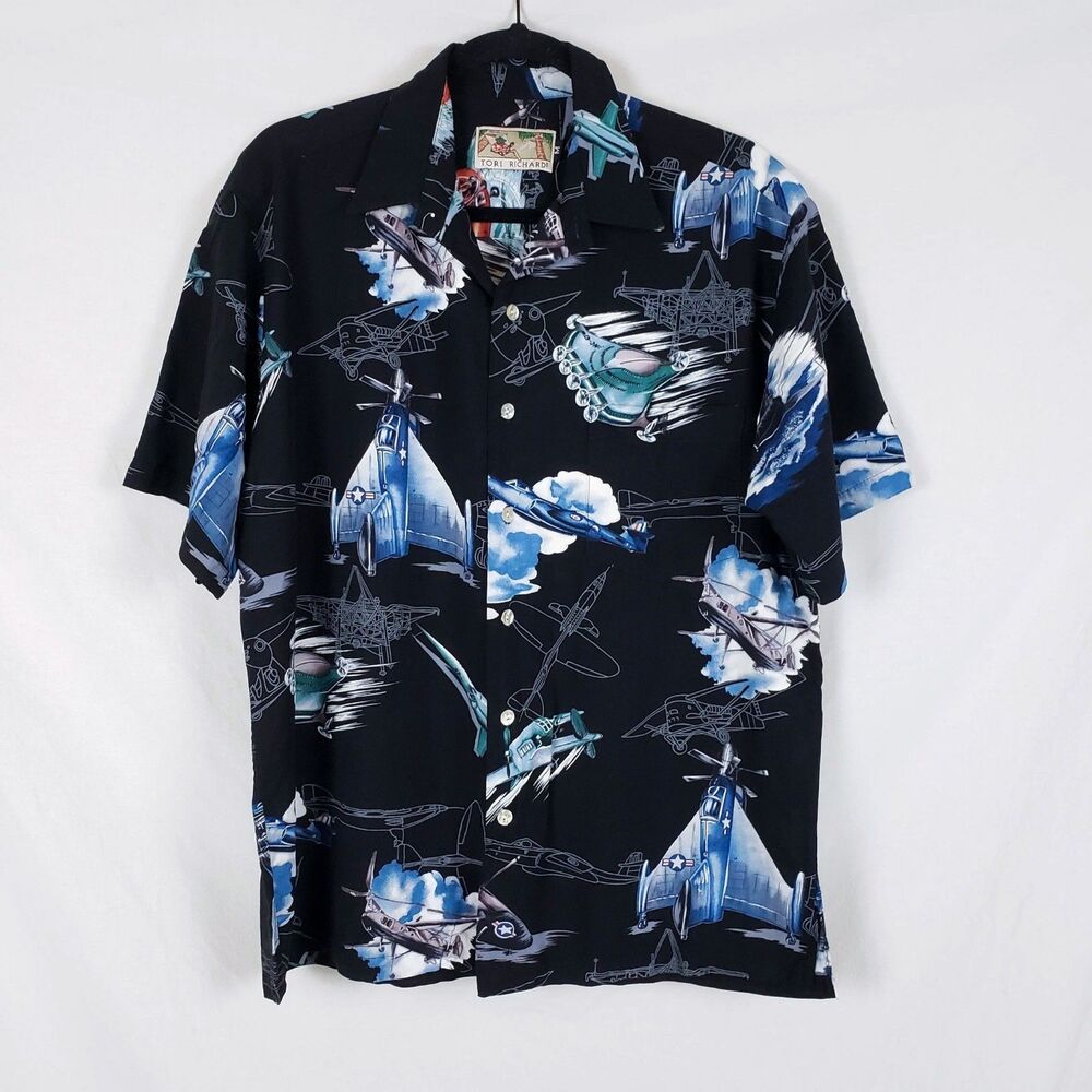 Tori Richard Hawaiian Shirt Mens M Military Fighter Airplane Aviation Black